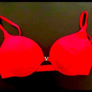 Red swim top with matching bottom included.